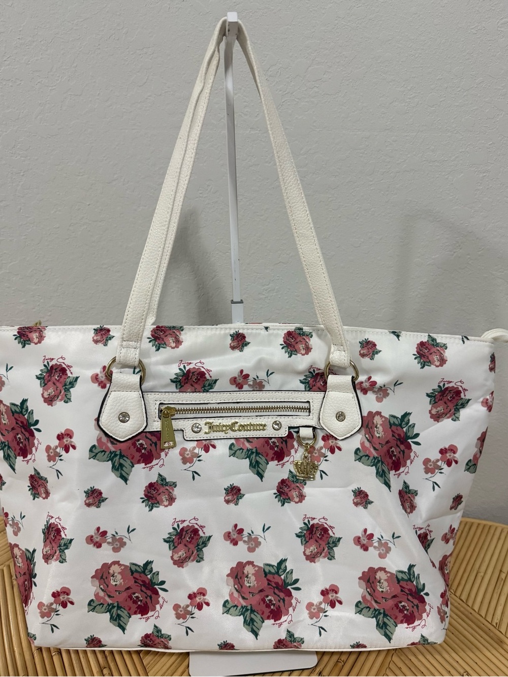 Juicy Couture White Vibrant Red & Pink Rose Floral Print Tote Bag White Straps